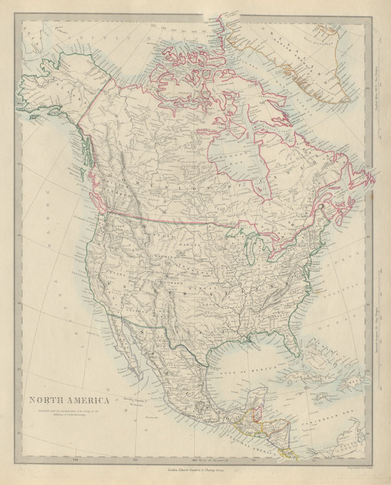 NORTH AMERICA Haida Gwaii shown as US. Maine/NB border differs. SDUK 1874 map